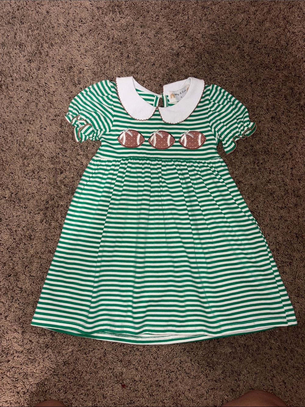 Girls' Green Striped Peter Pan Collar Dress with Football Appliqués